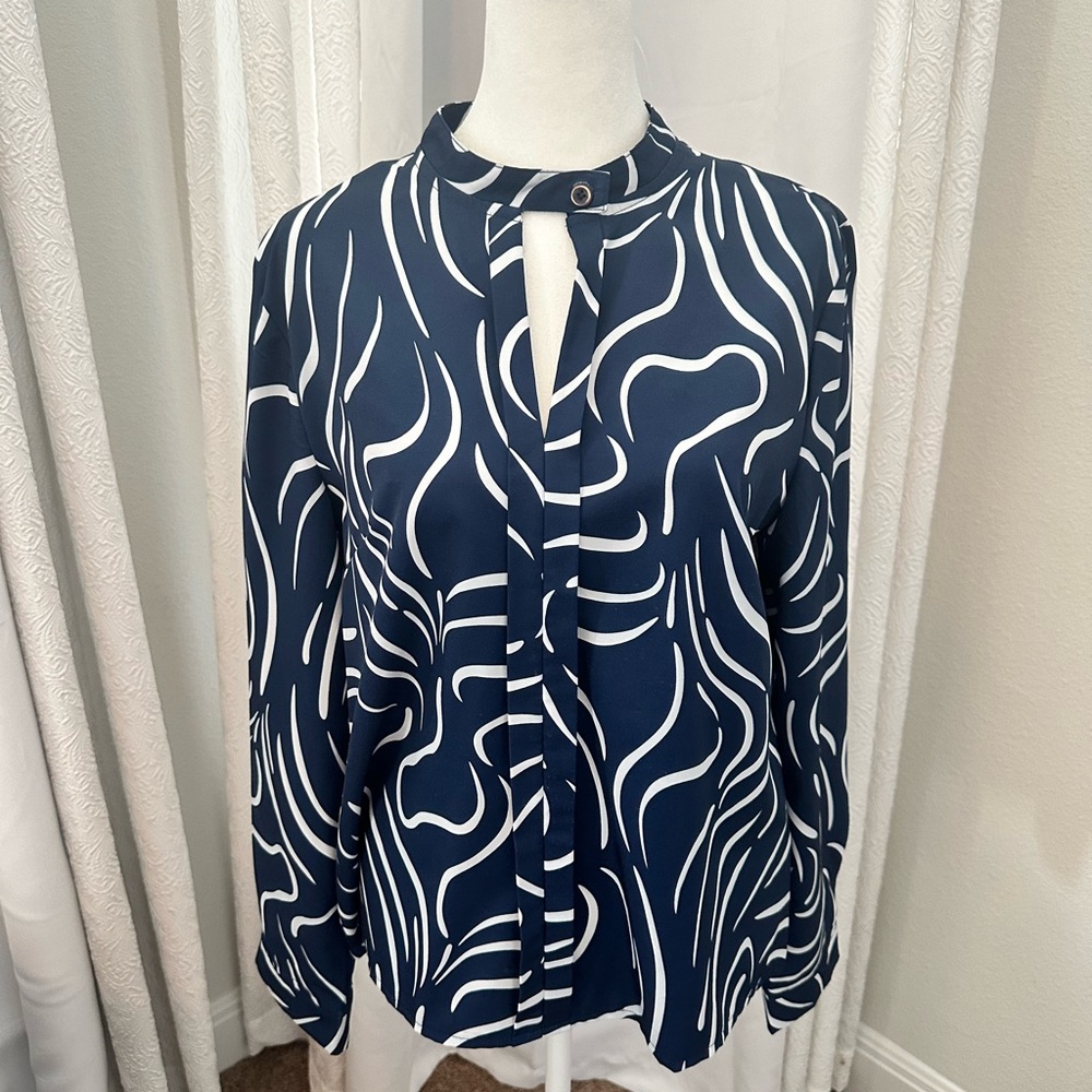 Navy and White SHEIN Blouse with button neck.